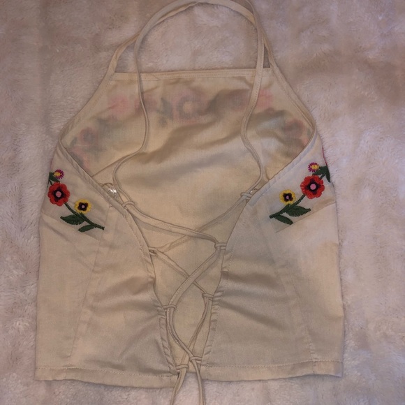 High-Neck Cross-Back Flower Top - Picture 2 of 3